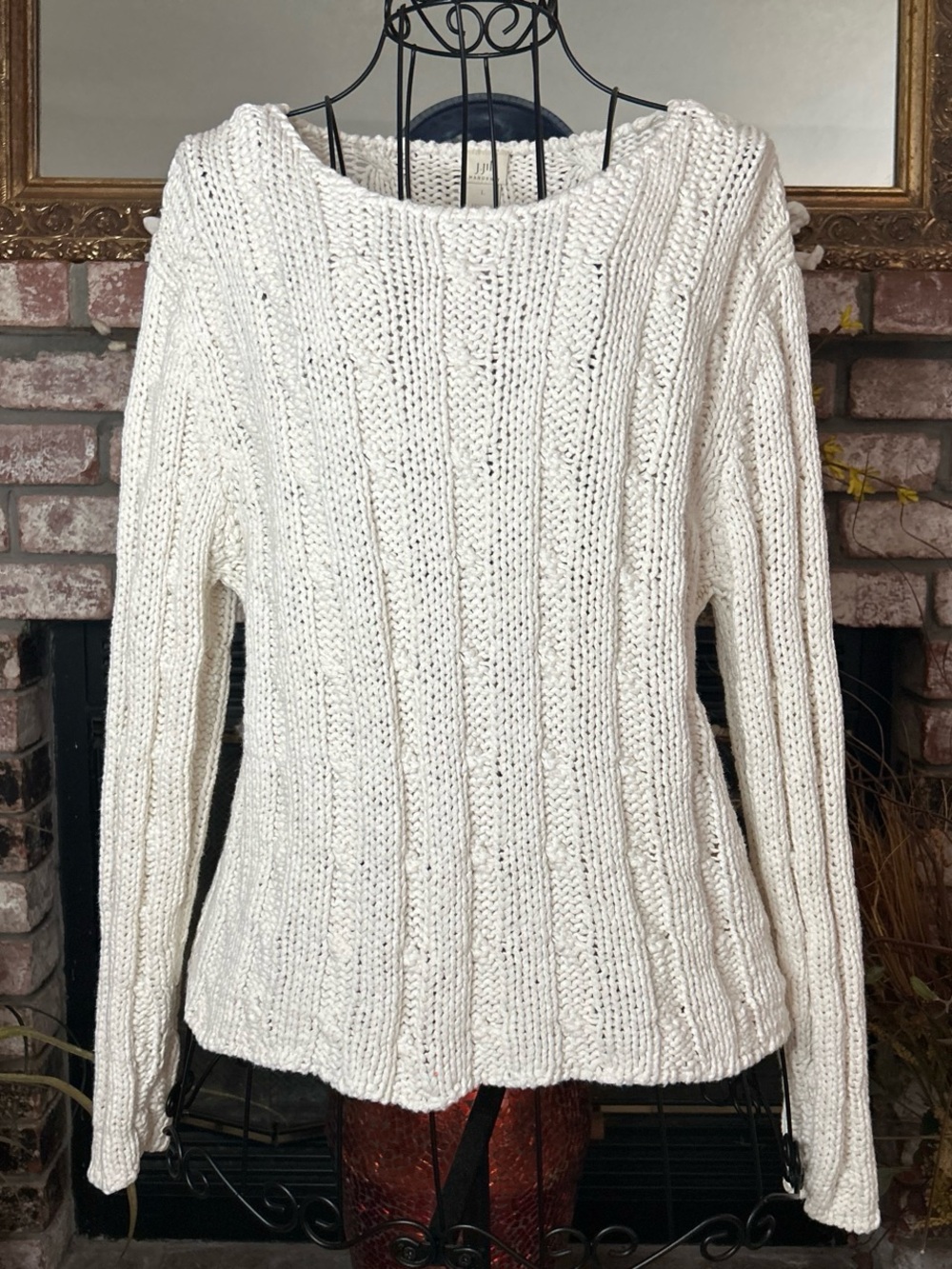 J.Jill White Hand Knit Sweater,Chunky Crew Neck Line Sz L